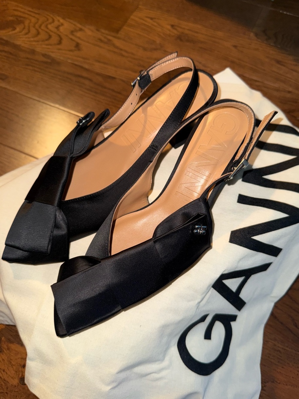 Ganni Black Satin Knotted Slingback Heels